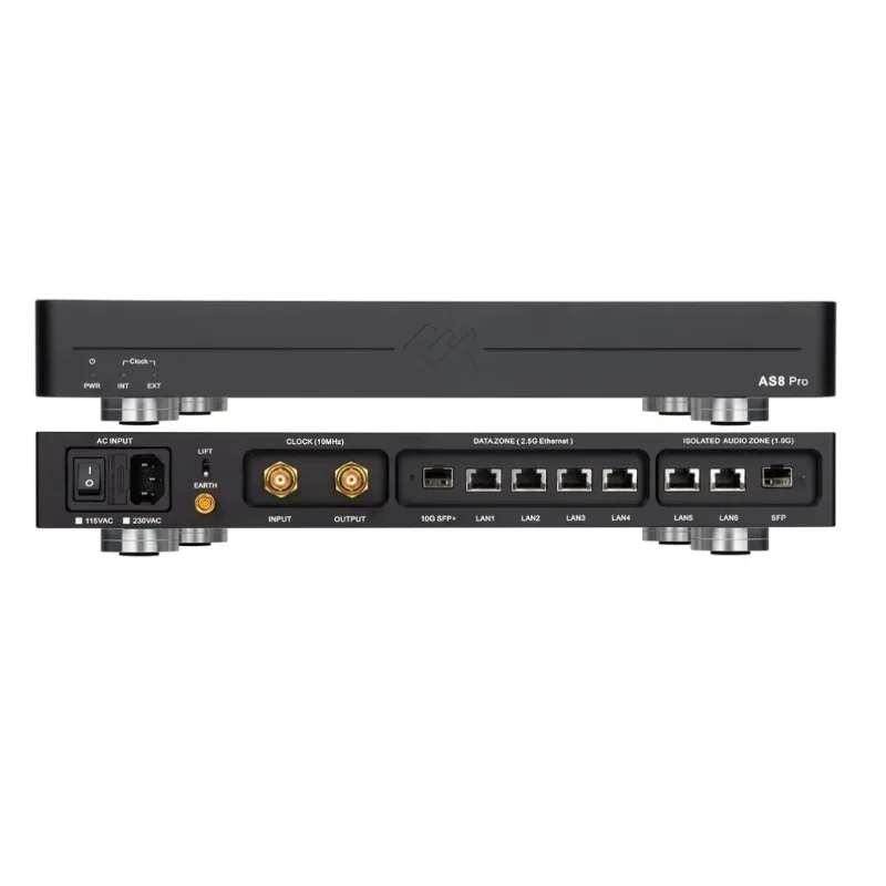 LHY AS8 Pro Audio HIFI Switch Silver Black 2.5G 10G Optical Isolation OCXO Clock,10Gbps,2.5Gbps,1000Mbps.SC Cut OCXO