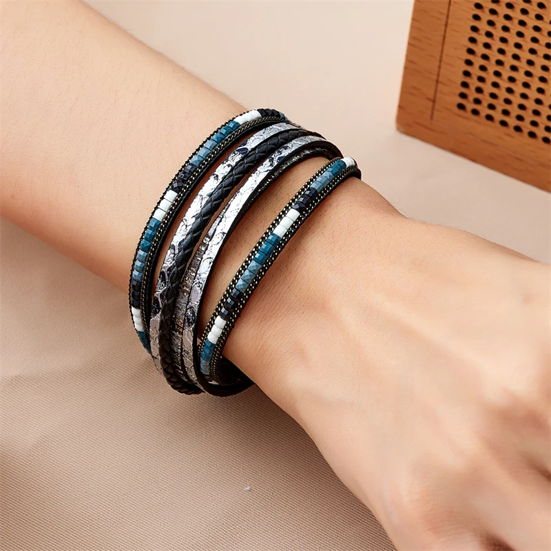 Böhmische Vintage mehr schicht ige Leder armbänder für Frauen hand gefertigte gewebte Leder breite Magnet verschluss Herren Armreif Modeschmuck – Detail 27