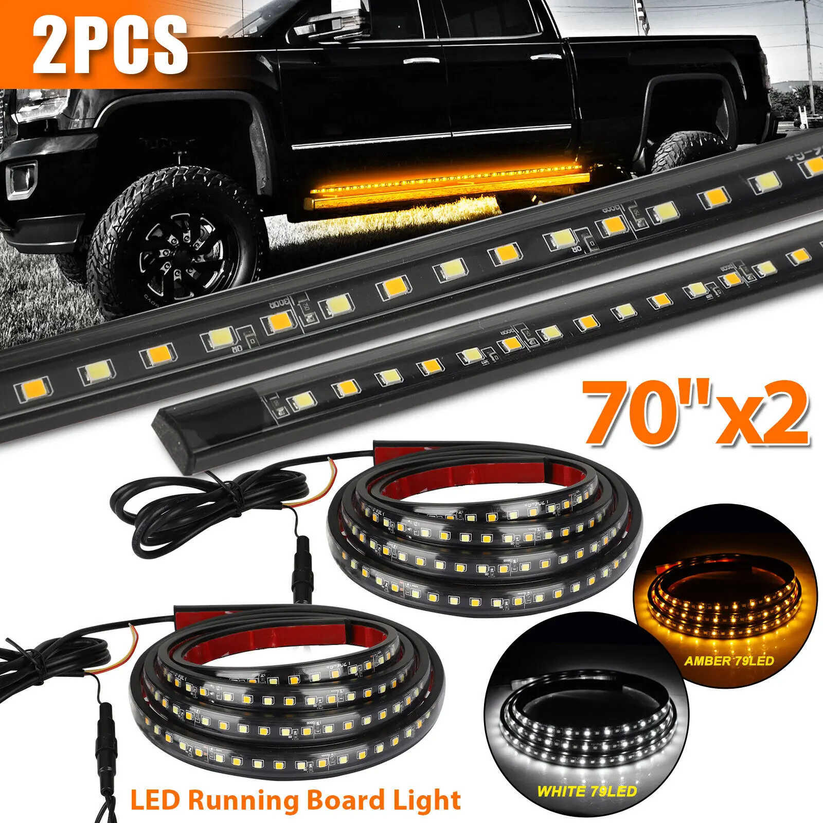 

2X 70" Running Board LED Light DRL Side Step Strip Bar White Amber Turn Signal LED Tailgate Strip Light Bar