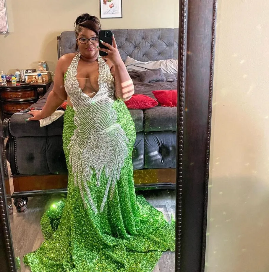 Vestido de baile tamanho grande para mulheres, fruta verde, prata brilhante, cristal diamante, menina negra, vestido de rainha de aniversário