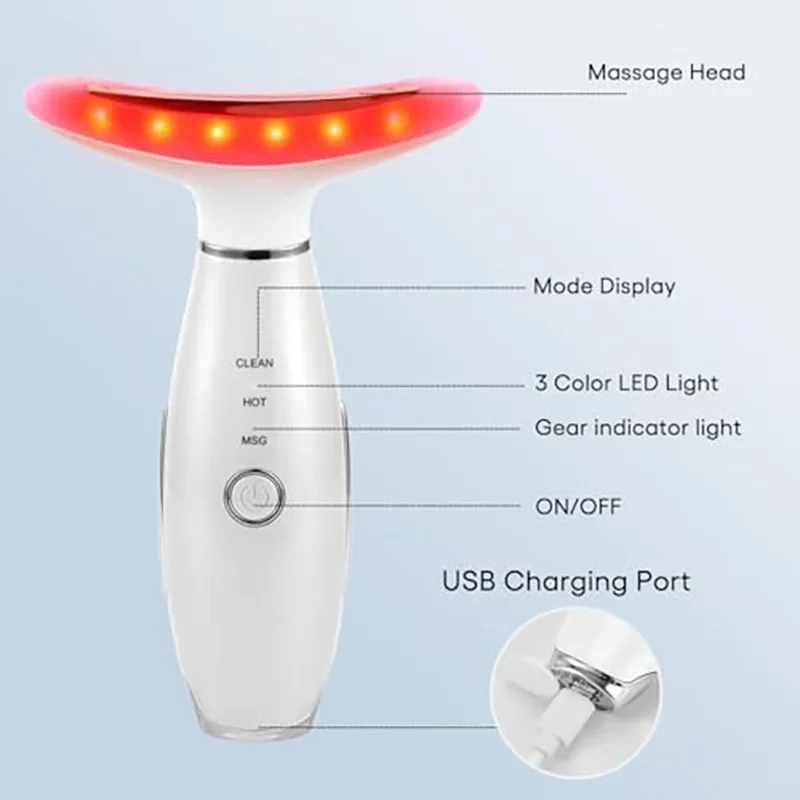 Massageador Facial Portátil de 7 Cores para Pescoço e Rosto, 3 Modos, Ferramenta de Escultura Facial, Massageador Facial para Cuidados com a Pele, Cor Branca