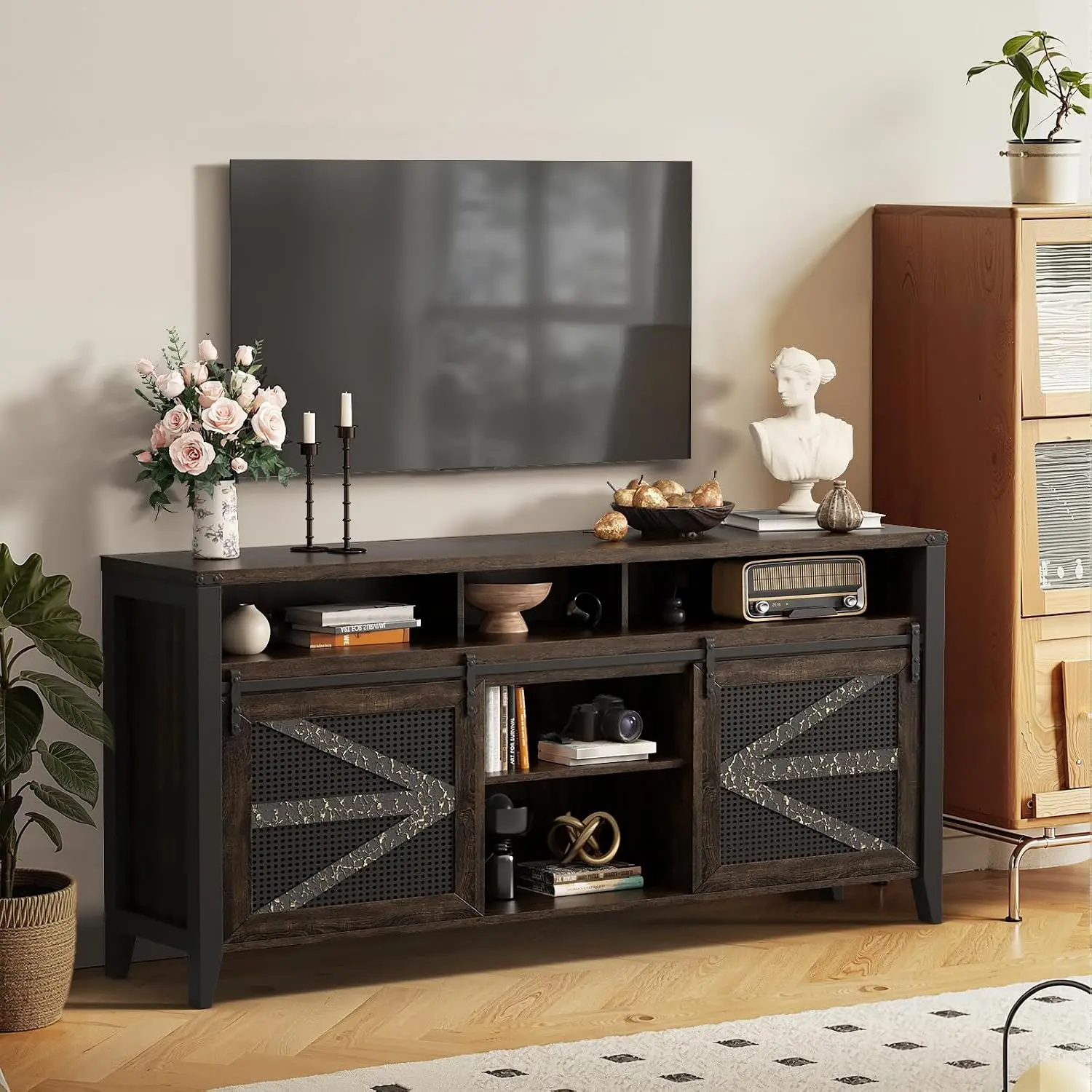 70 Inch TV Stand Sliding Barn Doors 6 Drawers Rustic Farmhouse Media Console Entertainment Center Living Room, Customized