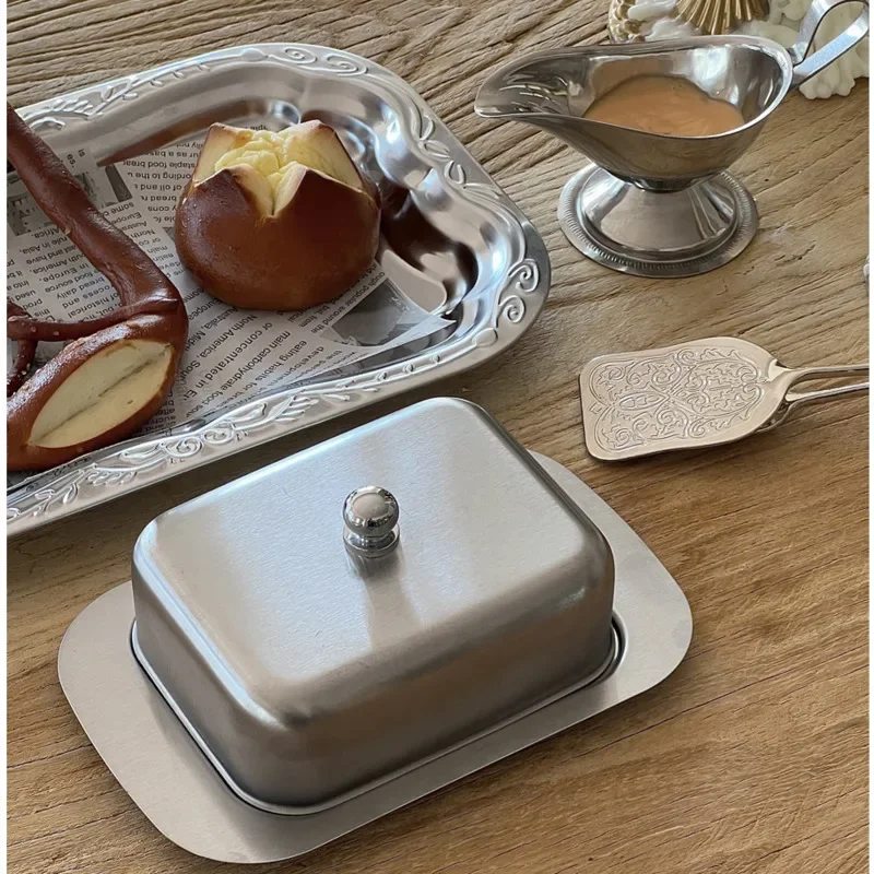 

Vintage French Butter Tray Stainless Steel Dim Sum Dish Restaurant High-end Feel Butter Box Dust with Cover Exquisite Tableware