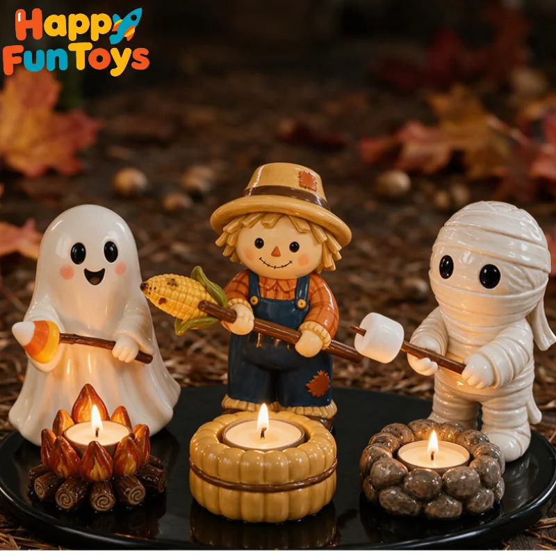 Halloween Campfire Tealight Holder Spooky Cute Ghost Mummy Scarecrow Resin Figurine Home Desktop Decoration Ornament