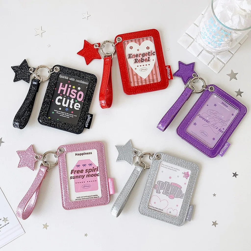 Glitter Pu 2 Layer Card Holder With Star Charm Wrist Strap,Photocard Id Card Protector Keychain Bag Pendant Stationery Supplies