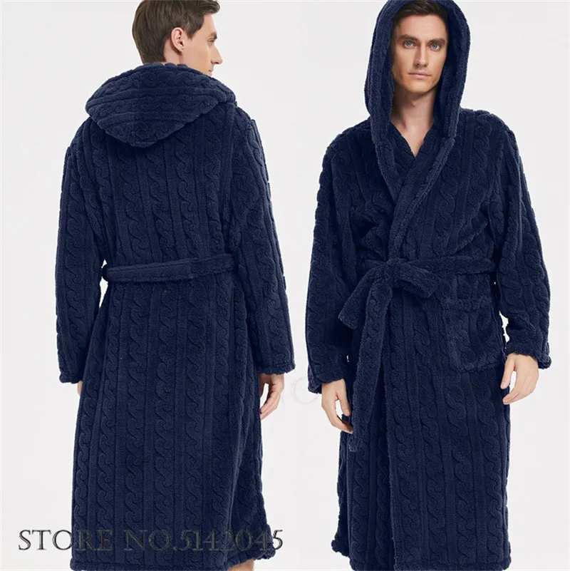 Winter Warm Plush Coral Fleece Robe Sleepwear Lounge Wear Thicken Jacquard Flannel Men Hooded Bathrobe Gown Home Wear Nightwear