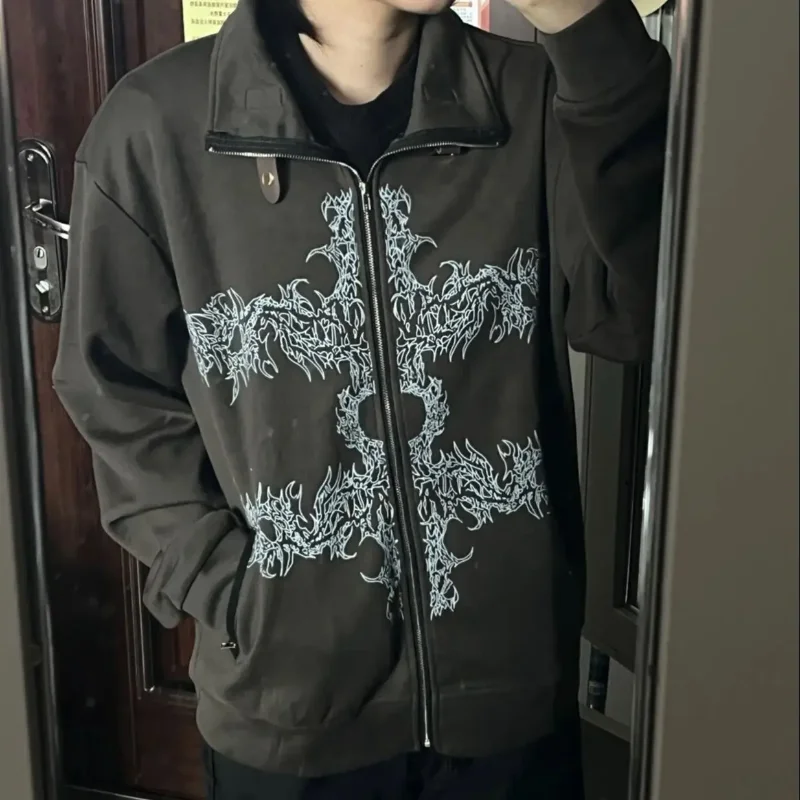 

Punk Graphic Print Stand Collar Sweatshirt Women's Harajuku Y2k Aesthetic Zipper Jacket Autumn and Winter Casual Shirt
