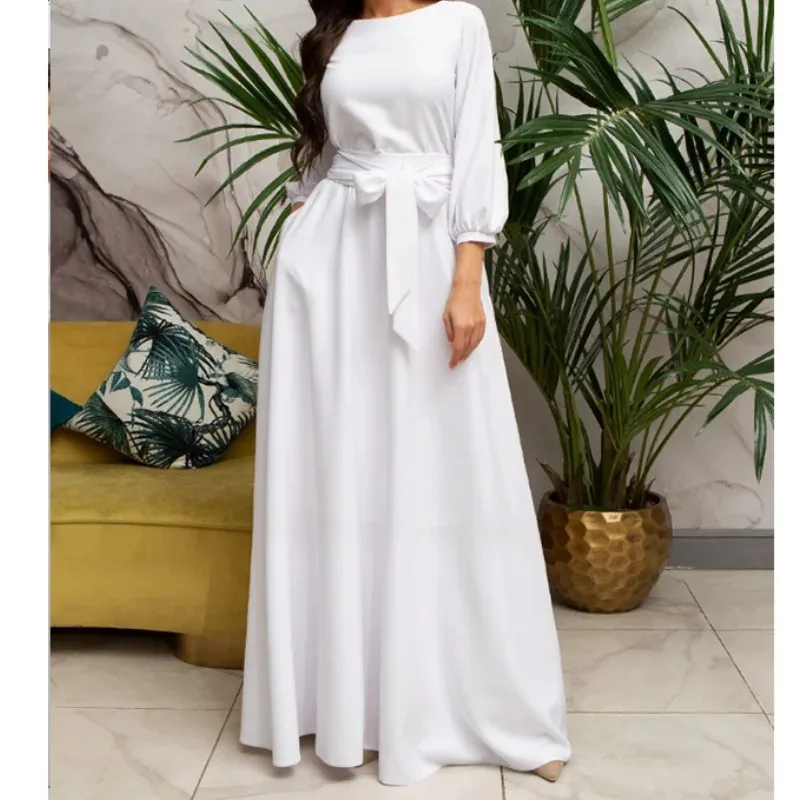 

Robe Femme Elegant Party Dress Women Lantern Sleeve O Neck Sashes Solid Dress 2023 New Autumn Maxi Long Dress vestidos de fiesta