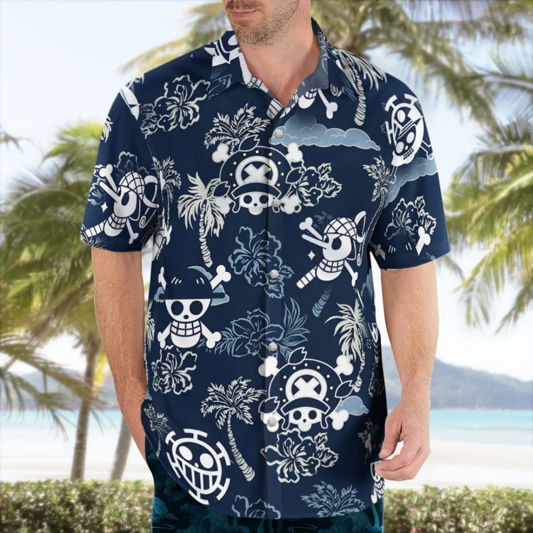 Retro Navy Blue Coconut Tree Fusang Flower Printed Shirt for Men, Street Style, Seaside Travel, Breathable Flower Shirt