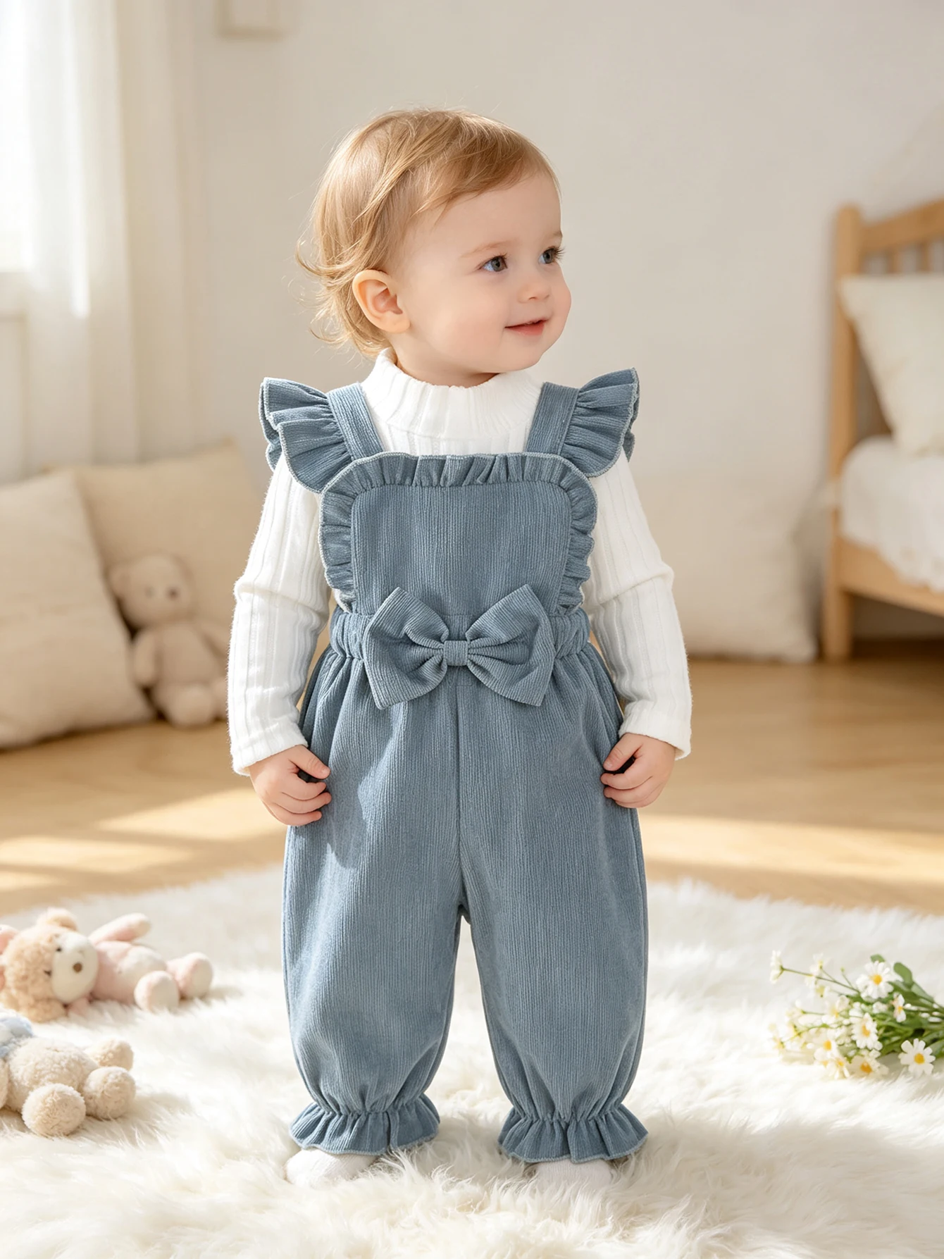 Autumn Two-Piece Set, White High-Neck Long-Sleeved Base Shirt Paired with Blue Ruffle Overalls, Bow Design, Sweet Infant Outfit, Suitable for Daily Outings and First Birthday Photoshoots