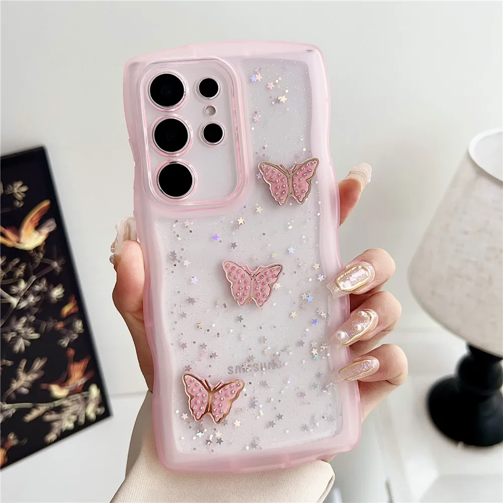 جراب هاتف شفاف على شكل فراشة ، لمعان ، حافة موجة ، غطاء ناعم ، ss24 ، S23 ، S22 ، S21 ، S20 Plus ، S23 Ultra ، S20FE ، S21FE ، S23FE ، Note 20