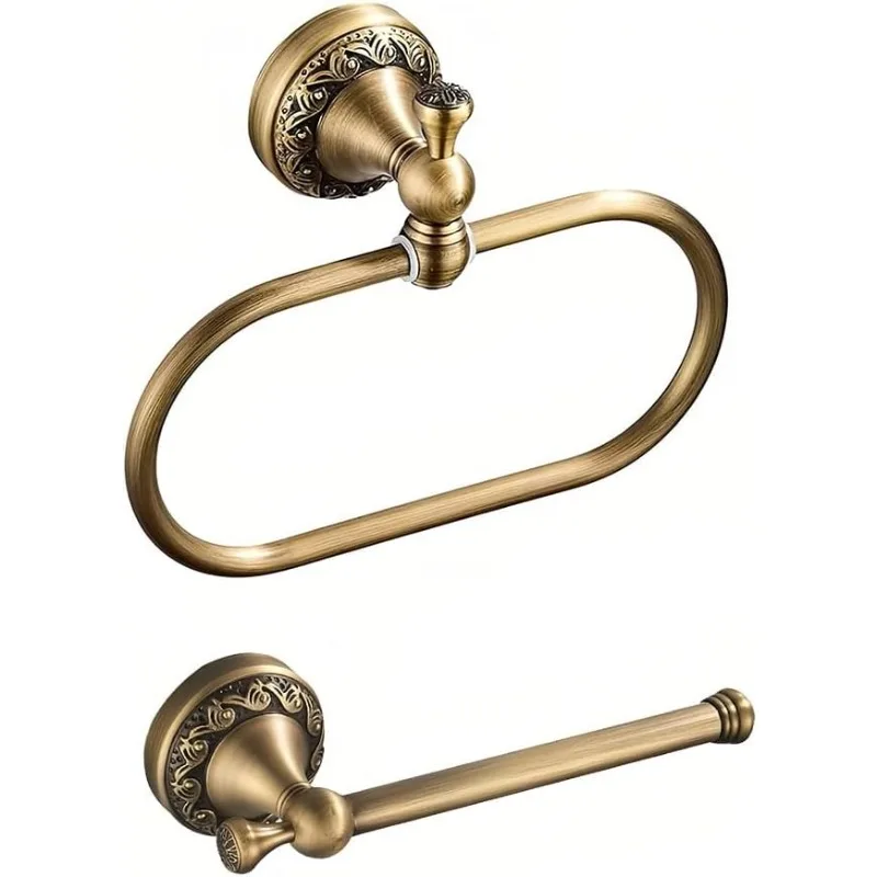 

2Pcs antique brass toilet paper holder, oval brass towel ring, wall-mounted towel rack bathroom accessories