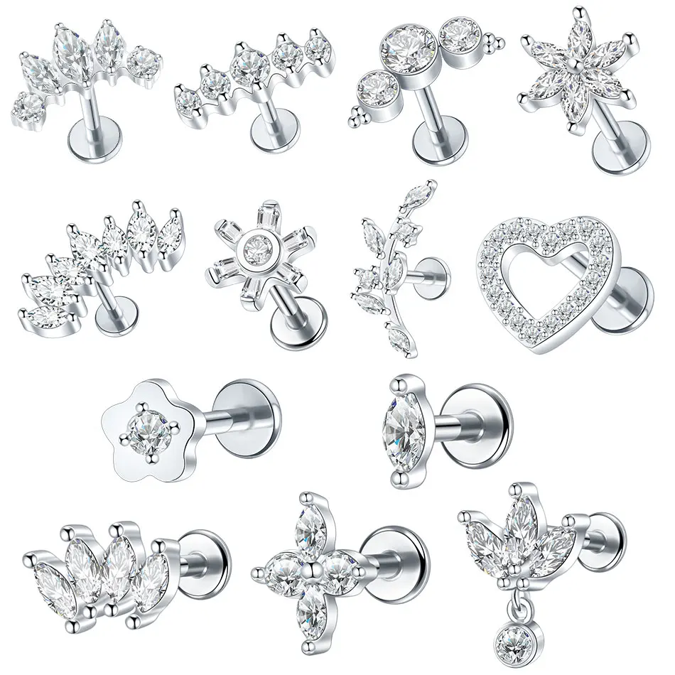 1/5PCS Steel 16G Cluster Marquise CZ Tragus Helix Stud Conch Lobe Rook Cartilage Leaf Flat Back Labret Stud Earrings Jewelry