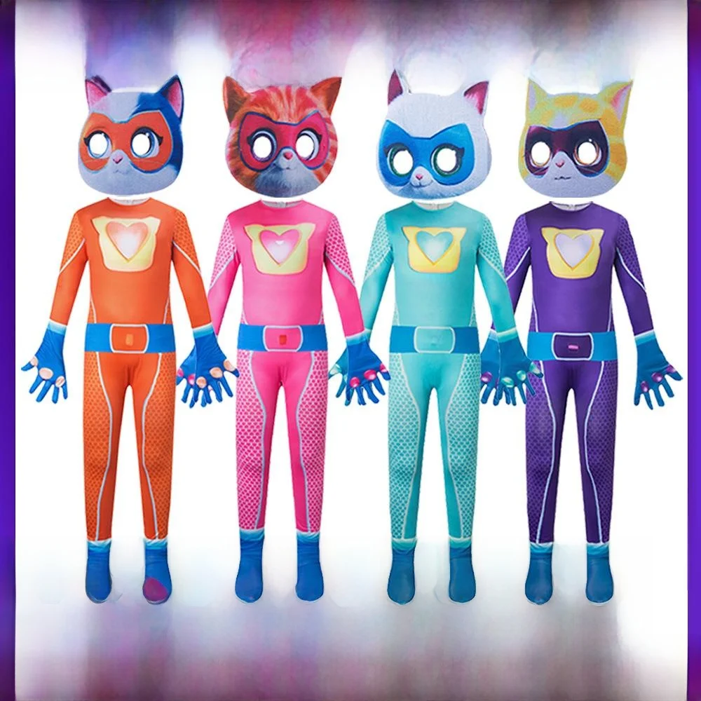بدلة قفز SuperKitties ملابس ضيقة لمرحلة الهالوين أزياء نسائية للمسرح العرقي