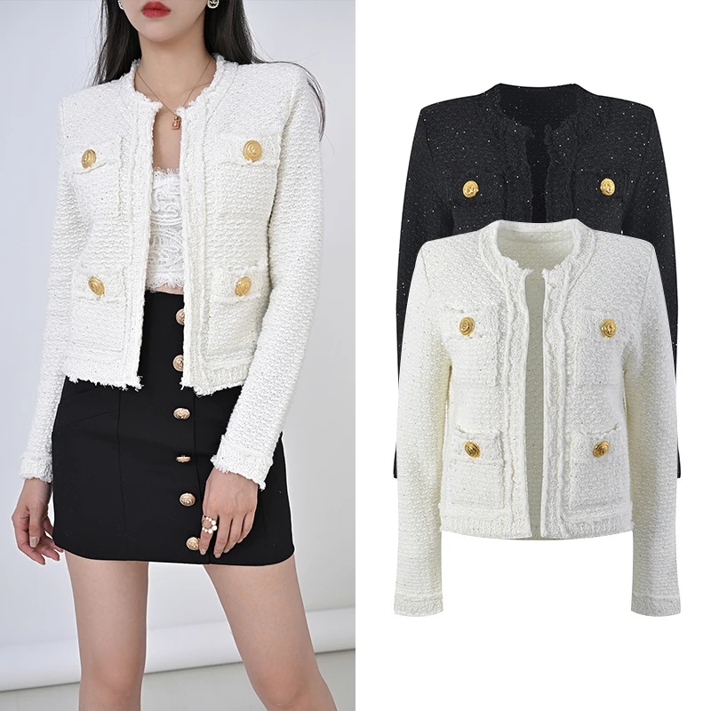 High-End Version European Style Gold Buckle Thick Tweed Short Coat Women's Autumn High-End Feeling Frayed  Top