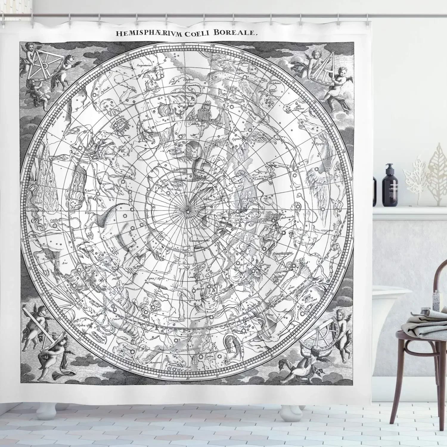 Astrology Shower Curtain Planetarium Themed Astronomical Image of Constellations with Horoscopes Cloth Fabric Bathroom Decor Set