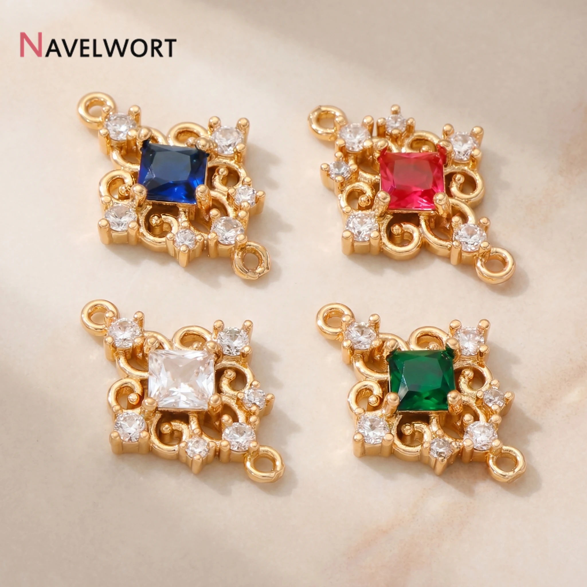 18K Gold Plated  Crystal Glass Double Hole Square Shape Connector Charms Pendants,DIY Earring Making Accessories