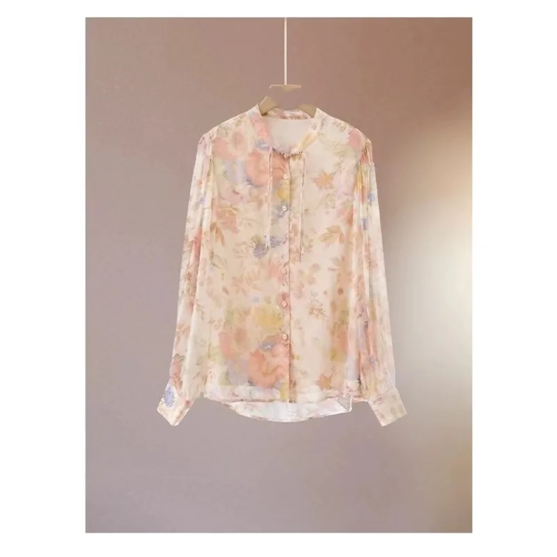 Women's Spring Autumn Turtleneck Floral Printed Lantern Long Sleeve Chiffon T-shirt Button Elegant Cardigan Chinese Style Tops