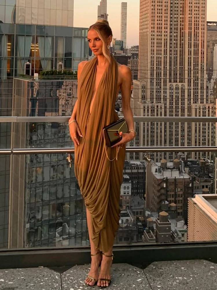 Nibber froncé licou robe Maxi femmes sans manches dos nu ourlet irrégulier solide vacances classique base bal fête élégante robes