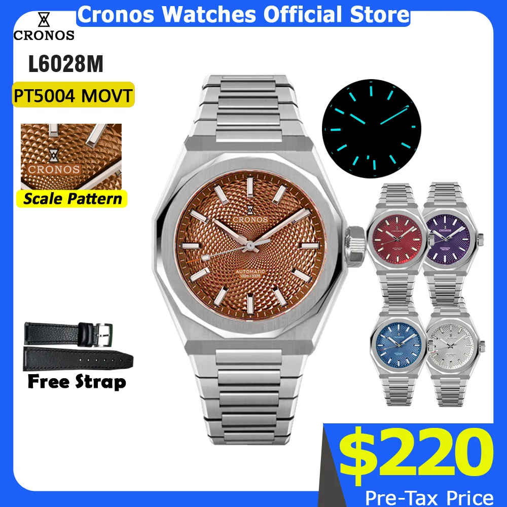 

Мужские часы Cronos Luxury 39 мм, автоматические, PT5000, с коричневым циферблатом, сапфировым стеклом, водонепроницаемостью 10ATM и прозрачной задней крышкой