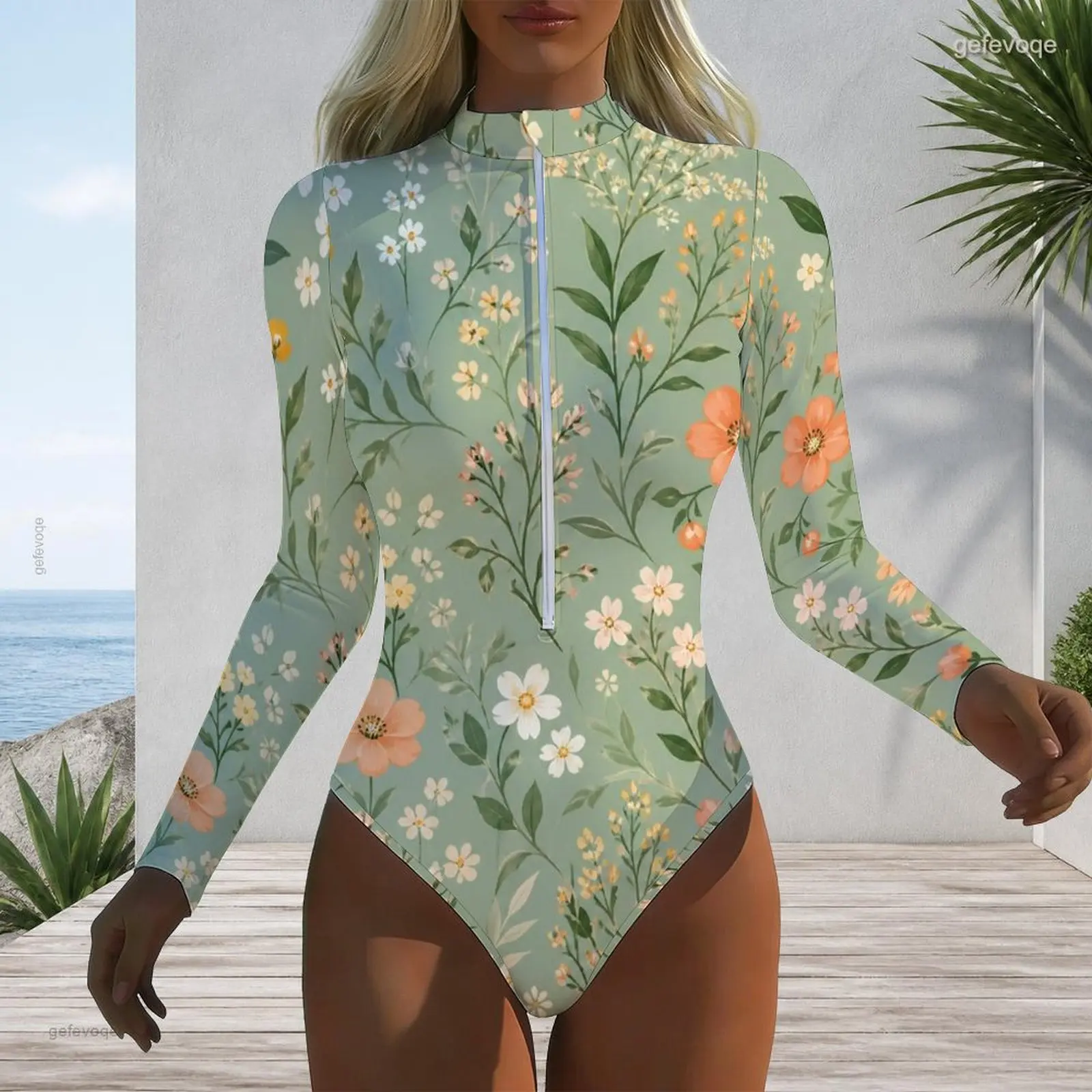 Women Swimsuit with Print High Neck Front Zip Long Sleeve One Piece