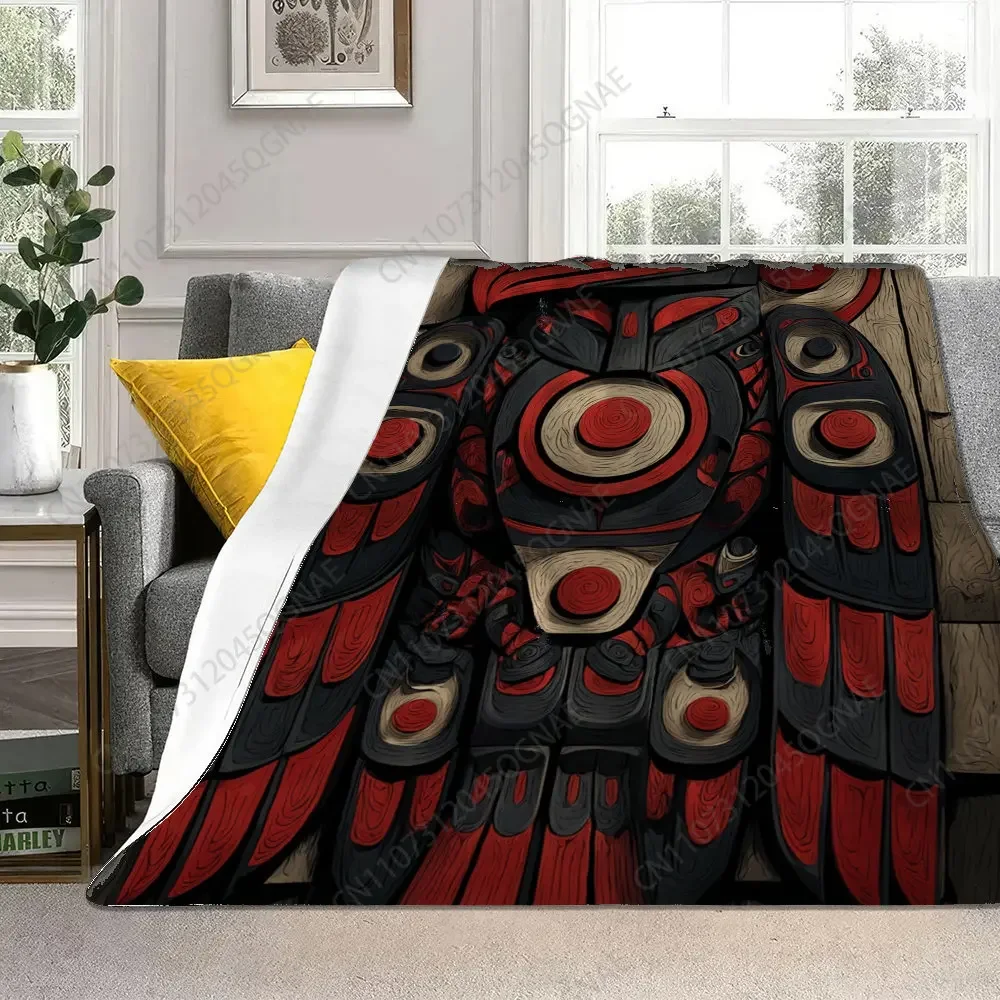 Custom 1pc Haida Raven Totem Throw Blanket - Soft Flannel All-Season Warmth, Red & Black Feather Design, Machine Washable For So