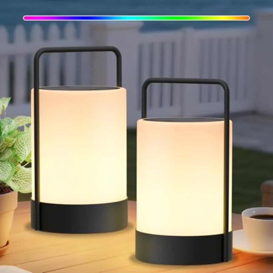 

Набор из 2 солнечных фонарей-ламп LED для улицы, беспроводные, с металлическим каркасом, IP44, устойчивые к погодным условиям, RGB и теплый белый свет, время работы от батареи 7-15 часов
