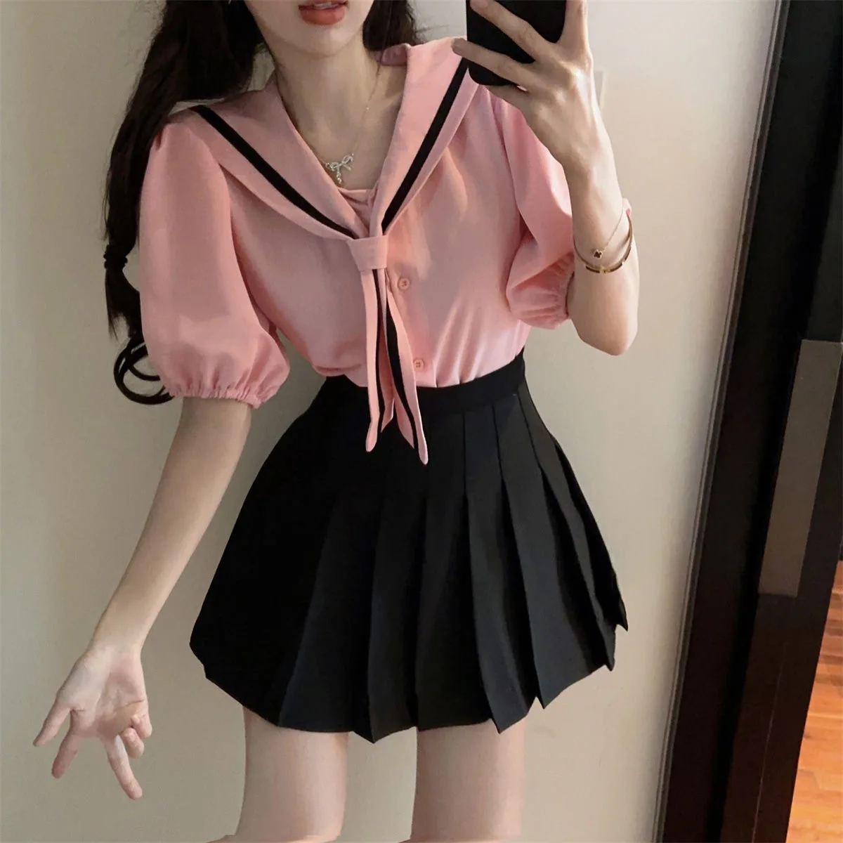 New Japanese Korean Style Girl Uniform Daily Two Piece Set Pink Short Puff Sleeved Shirt Black High Waisted Pleated Skirt Summer