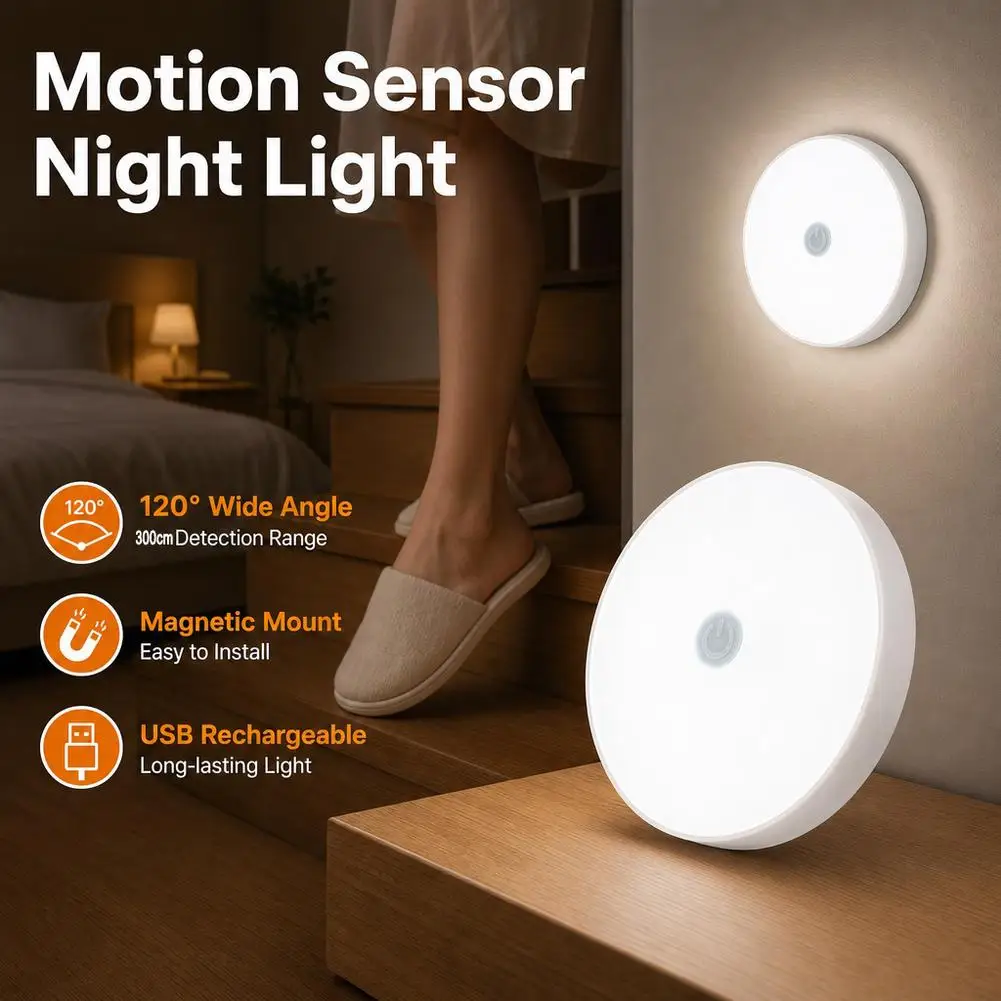 1pc USB Rechargeable Magnetic Night Lamp Wireless LED Detector Lamp for Bedroom Staircase Closet and Room Decoration