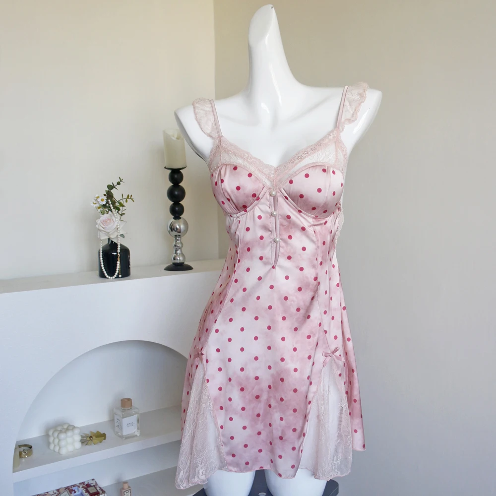 

Sweet Pink Polka Night Dress Babydooll Woman Lingеrie Nightgowns Sleepwear Female Lingeries Sexy Hot Night Wear For Ladies