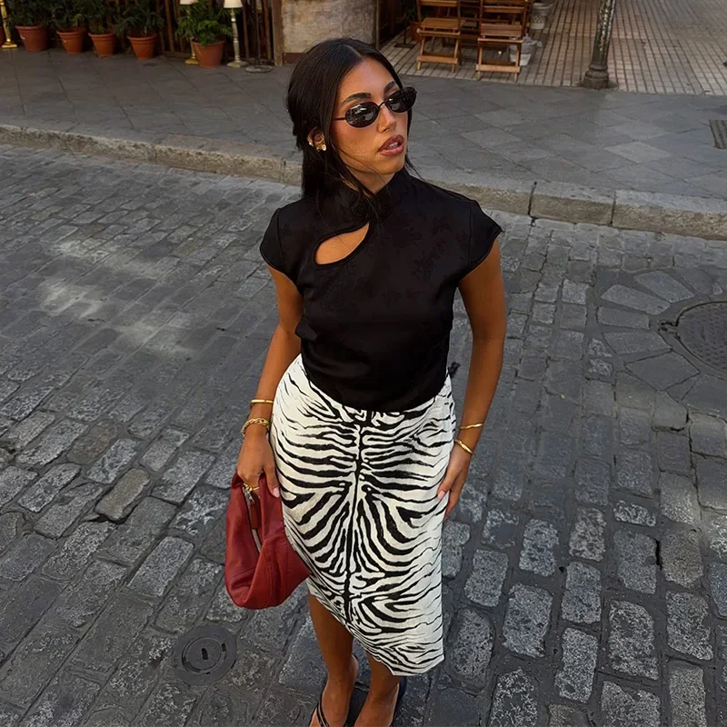 Vintage Damen Zebra-Print Midi-Rock mit niedriger Taille, geradem Schnitt und Reißverschluss, knielanger Rock für Damen, Sommer 2026, vielseitig kombinierbare Unterteile – Detail 6