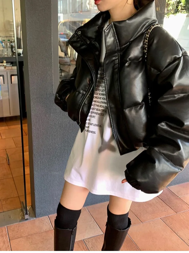 Chic Winter Vintage Stehkragen Bla Matte PU Leder Brot Mantel Lose Warme ort Baumwolle Jaet frauen Faion Oberbekleidung