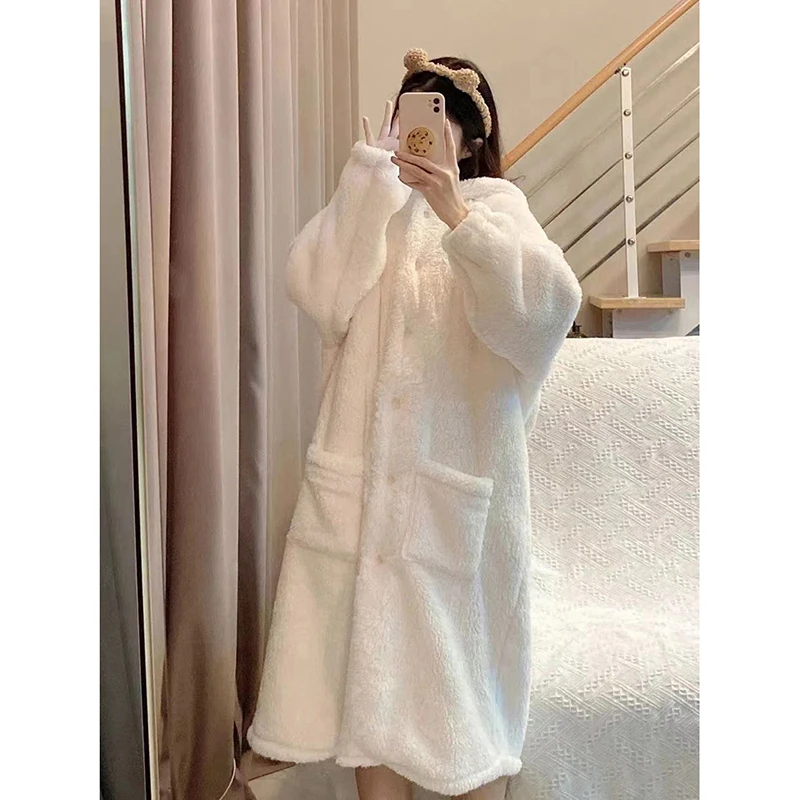 Rubbit Robe for Women Sleepwear Hooded Nightdress Winter Fleece Pajama Night Wears Warm One Piece Nightgown Long Sleeve Homewear