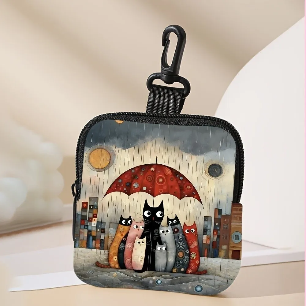 Trendy Mini Cute Cat Coin Purse Water-resistant PVC Earphone Bag Portable Lightweight Zippered Wallet Friends Gift