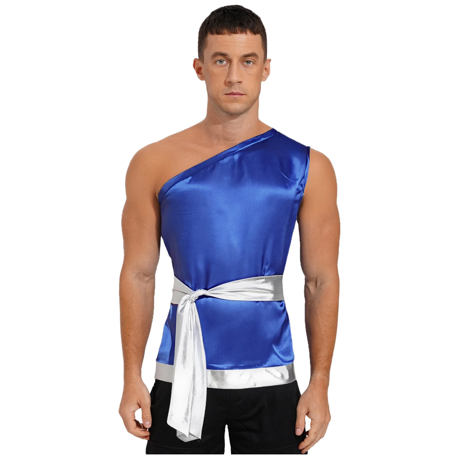 

Mens Liturgical Praise Dance Top Sleeveless One Shoulder Metallic Shiny Satiny Shirt with Waist Belt Worship Lyrical Dance Tops