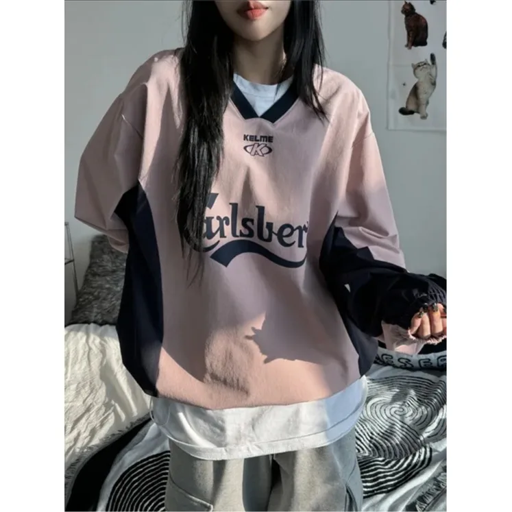 الرجعية الرياضة اللون بلو فضفاض الأمريكية Sle V-Ne البلوز النايلون البلوز ex الخريف الشتاء جديد وصول الشارع Sle