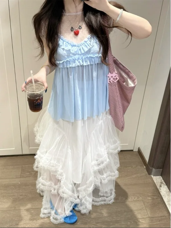 

Elegant Mesh Sleeveless T-Shirt And Halter Skirt Set Women's Fashion Spring 2026 New Design High Waist A-Line Skirt