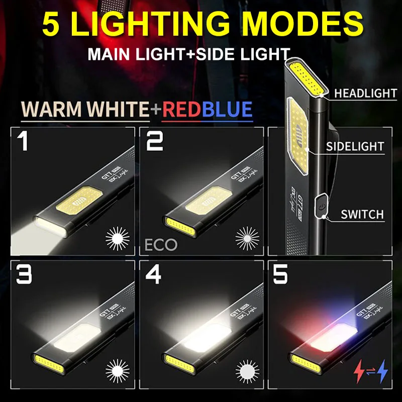 مصباح يدوي LED متعدد الوظائف، ضوء عمل محمول مع مشبك قبعة ومغناطيس ذيل قابل لإعادة الشحن، ضوء كاشف للتخييم والإصلاح في حالات الطوارئ