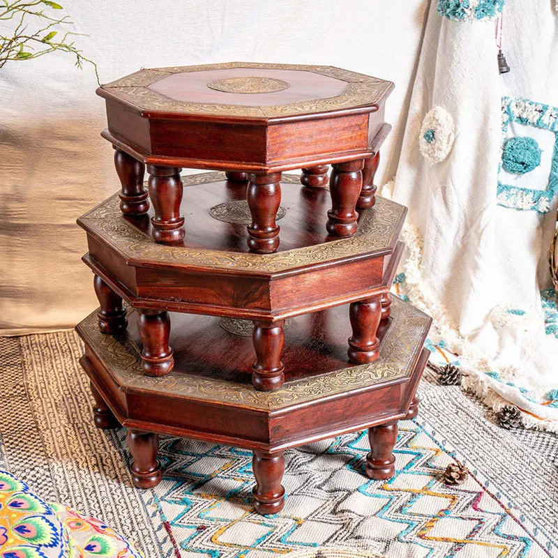 Solid wood coffee table, Indian handmade copper wrapped, American style artistic low tea table, retro bay window