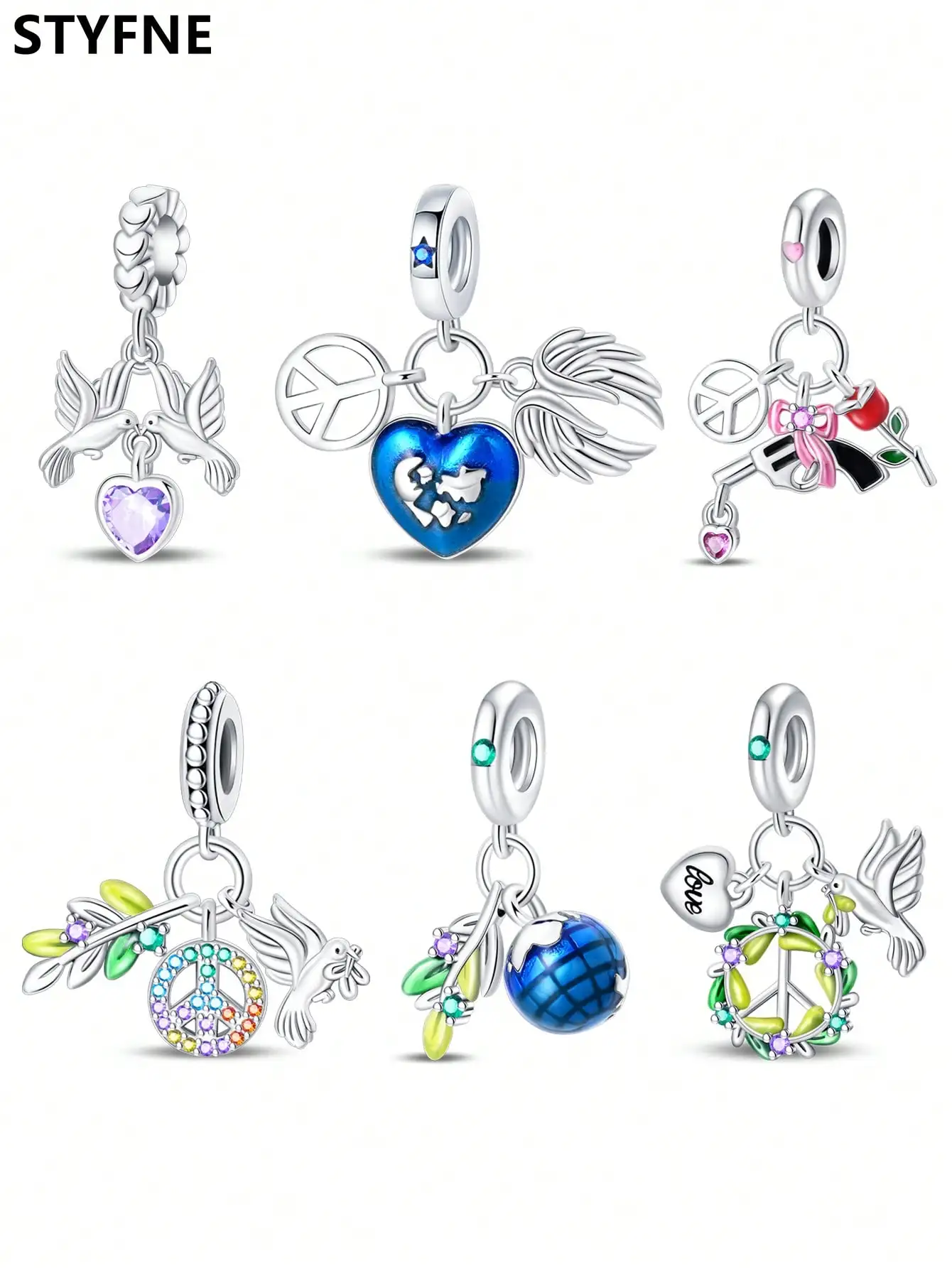 925er Silber vergoldet, Original-Charms, Friedenstaube, Liebe, Rosenperlen, passend für Armbänder, Damenschmuck, Geschenk