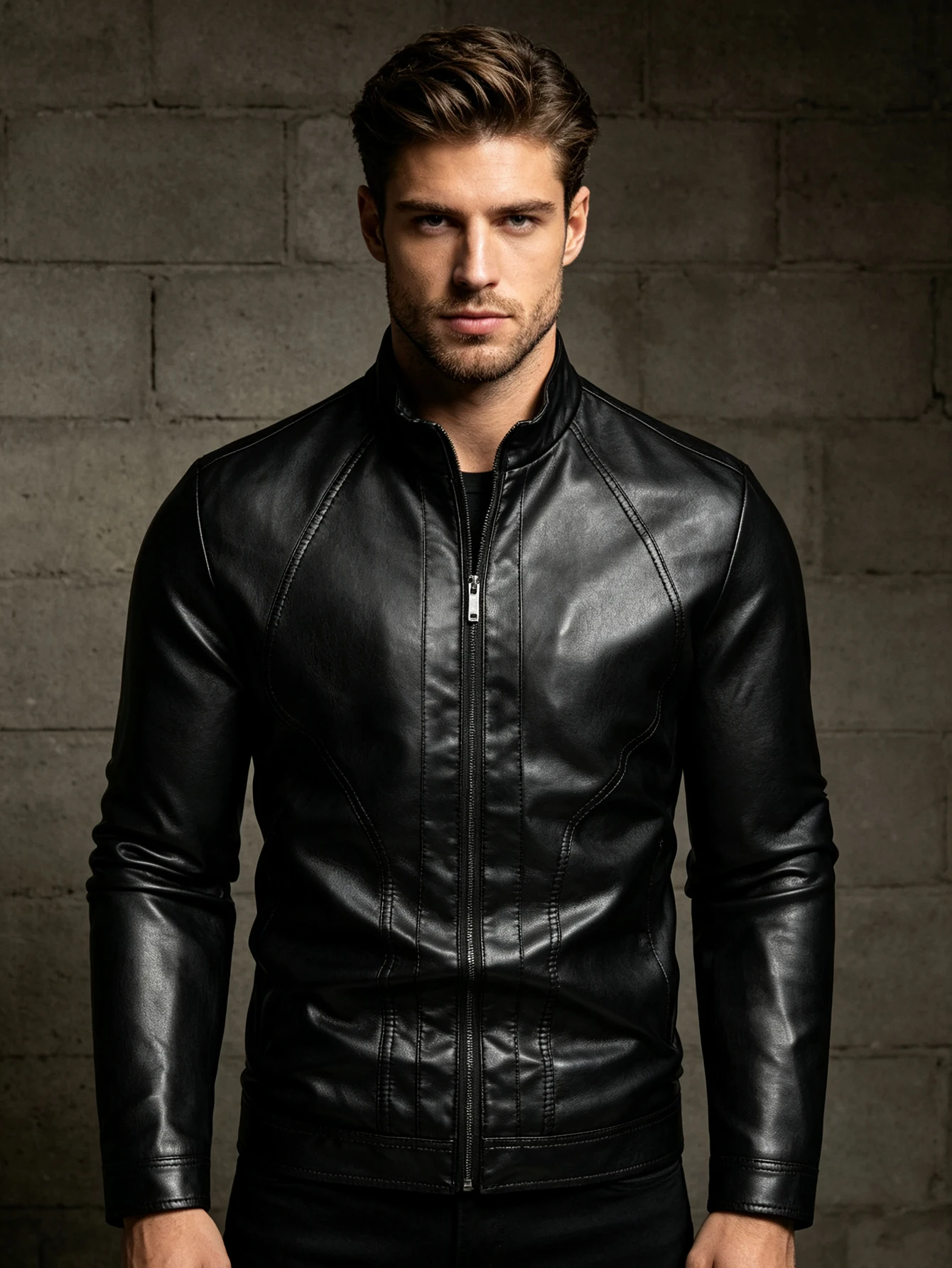 Men Fashion Stand Neck Faux Leather Jacket Solid Color Casual Outerwear