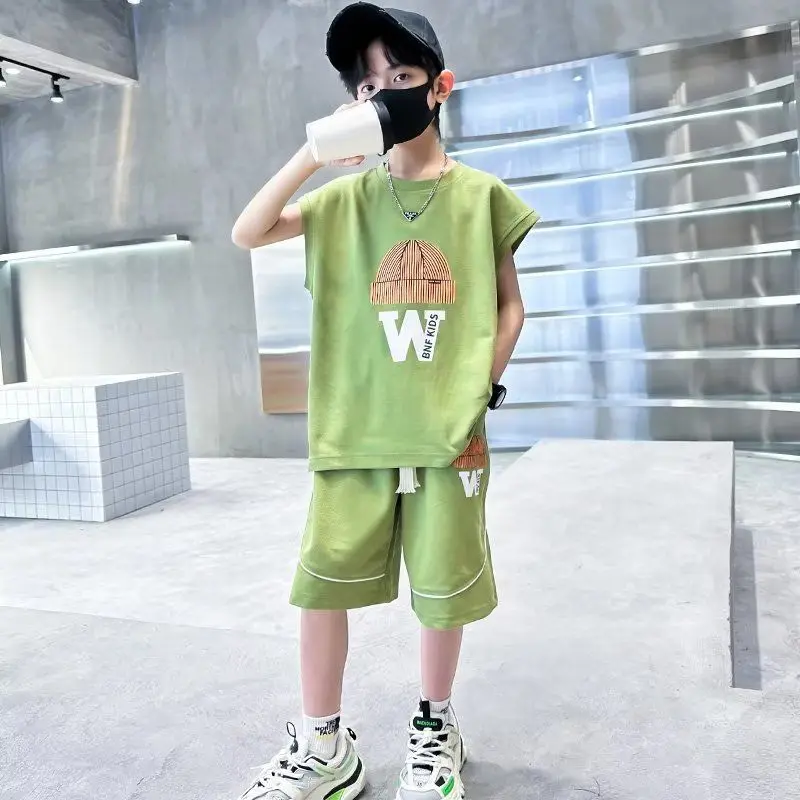 Boys Summer Casual Shorts Sleeve Sleeveless T-shirts+Pants 2pcs Sets 5-14 Years Teenage Sportswear Children Outfits Set -123 5