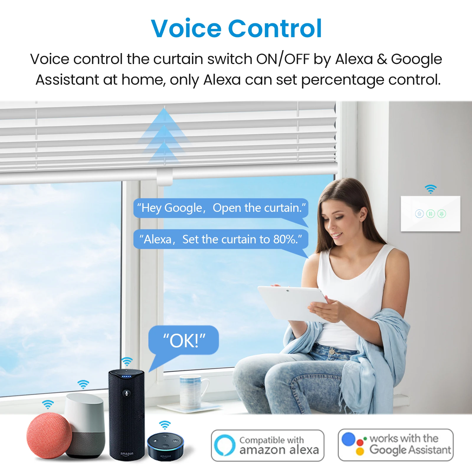 Qcsmart ผ้าม่านอัจฉริยะรุ่นใหม่รุ่น US Tuya สวิตช์ควบคุมระยะไกลทำงานร่วมกับ Google Assistant Alexa Echo