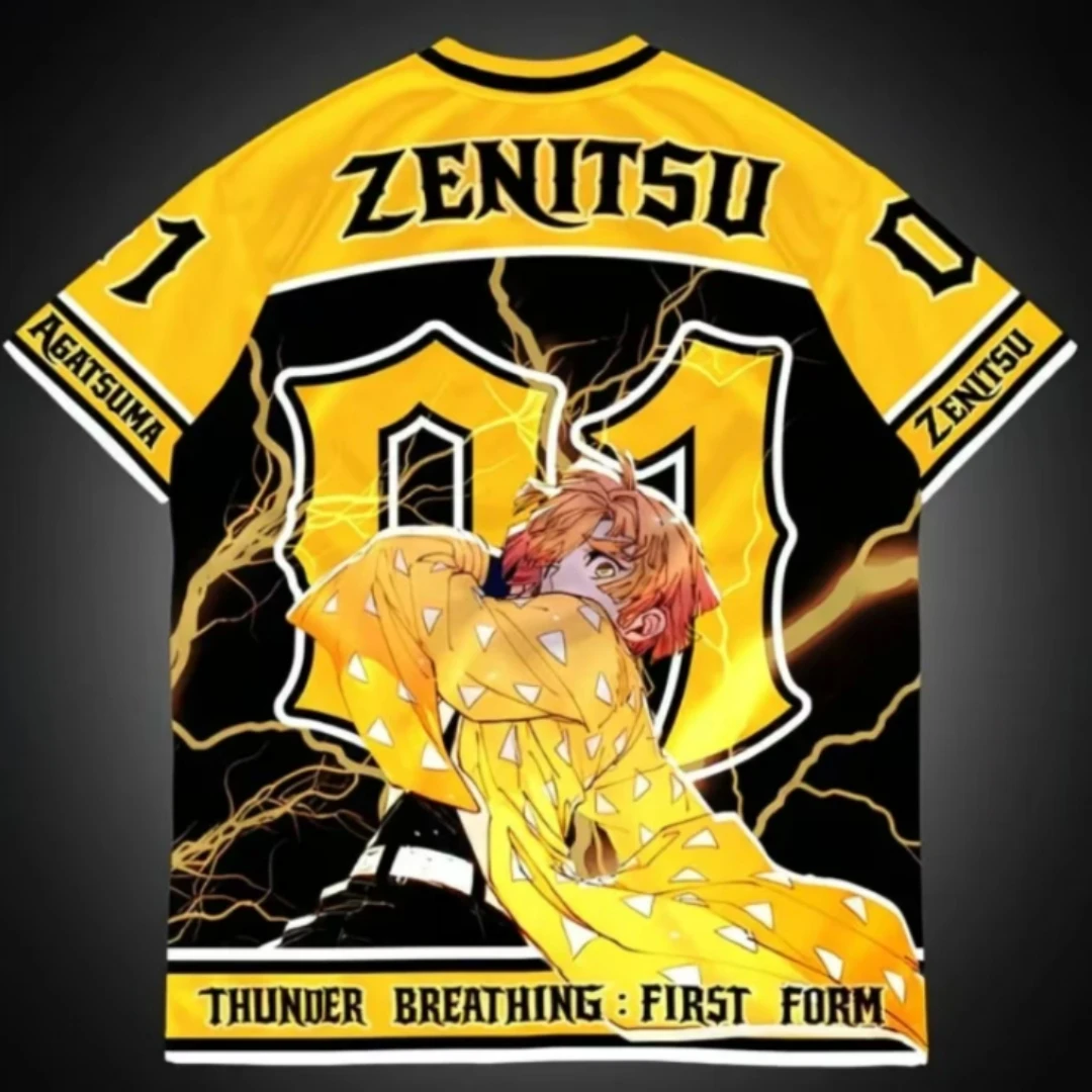 Agatsuma Zenitsu Anime Printed Thunder Breathing Pattern Breathable Mesh V-neck Short Sleeve Street Style Cosplay Sports Top