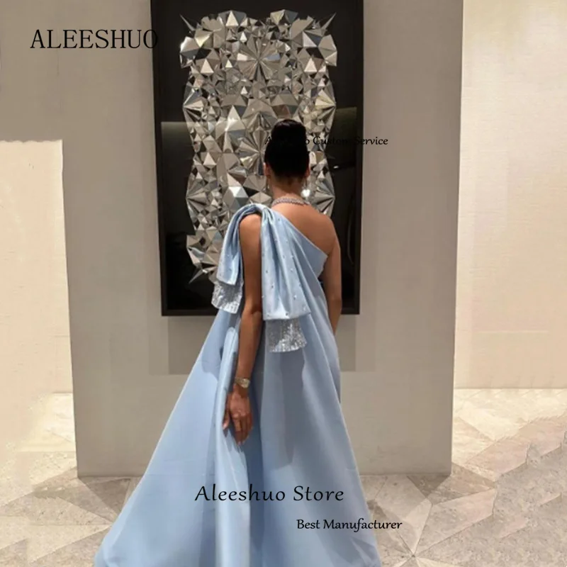 Aleeshuo Sky Blue eleganti abiti da sera lunghi con perline fiocco a-line abito da festa formale alla caviglia monospalla per le donne 2023