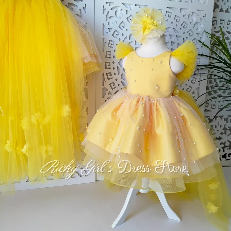 Lovely Tulle Yellow Flower Girl Dresses With Detachable Train 3d Floral Pearls Kids Birthday First Communion Gowns Customized