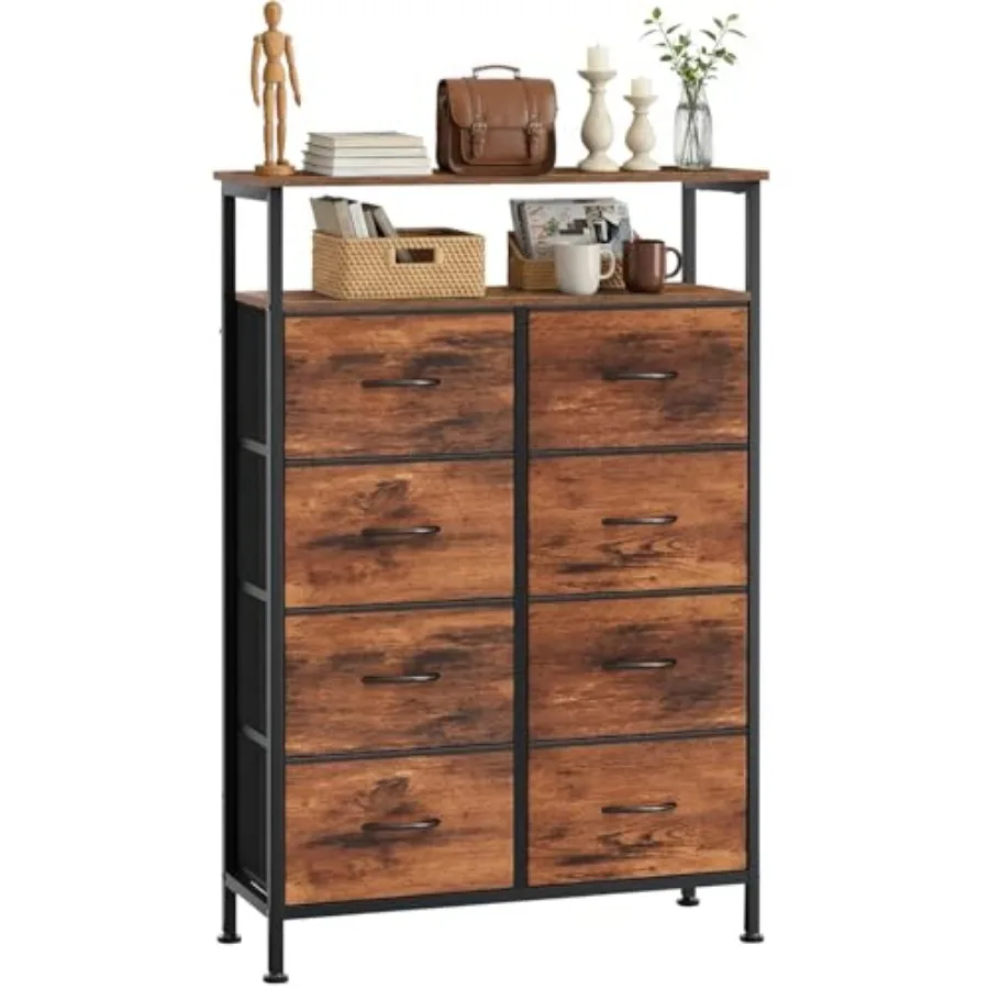 

8 Drawers Dresser with Open Shelf 46" Tall Storage Organizer Chest of Drawer with Wooden Top Sturdy Metal Frame for Bedroom Hal