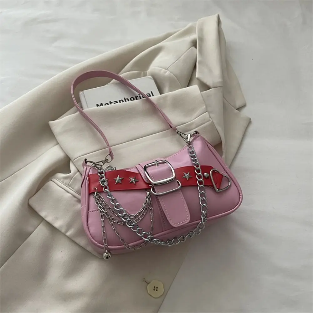 Punk Y2K Star Rivet Shoulder Bag Pu Leather Spicy Girl Underarm Bag Korean Fashion Vintage Armpit Bag Girls