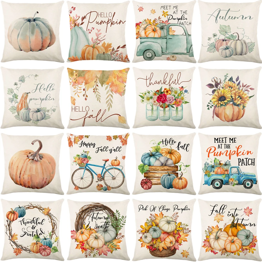 

Thanksgiving Pillow Cover 18x18 Inches Cushion Case Pumpkin Sunflower Truck Print Pillowcase Farmhouse Home Decor Cushion Cover