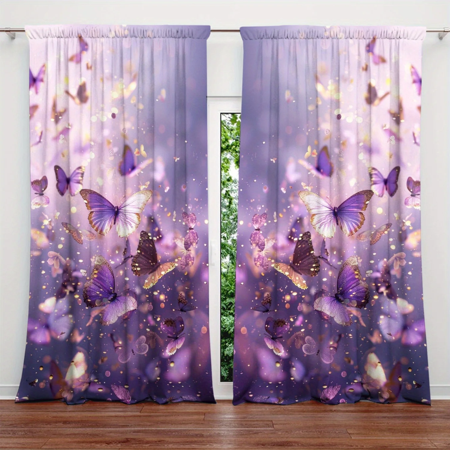 Decorative Purple Butterfly Curtains Polyester Panel Window Treatment for Living Room and Bedroom Boho Style Gold Foil Curtain P